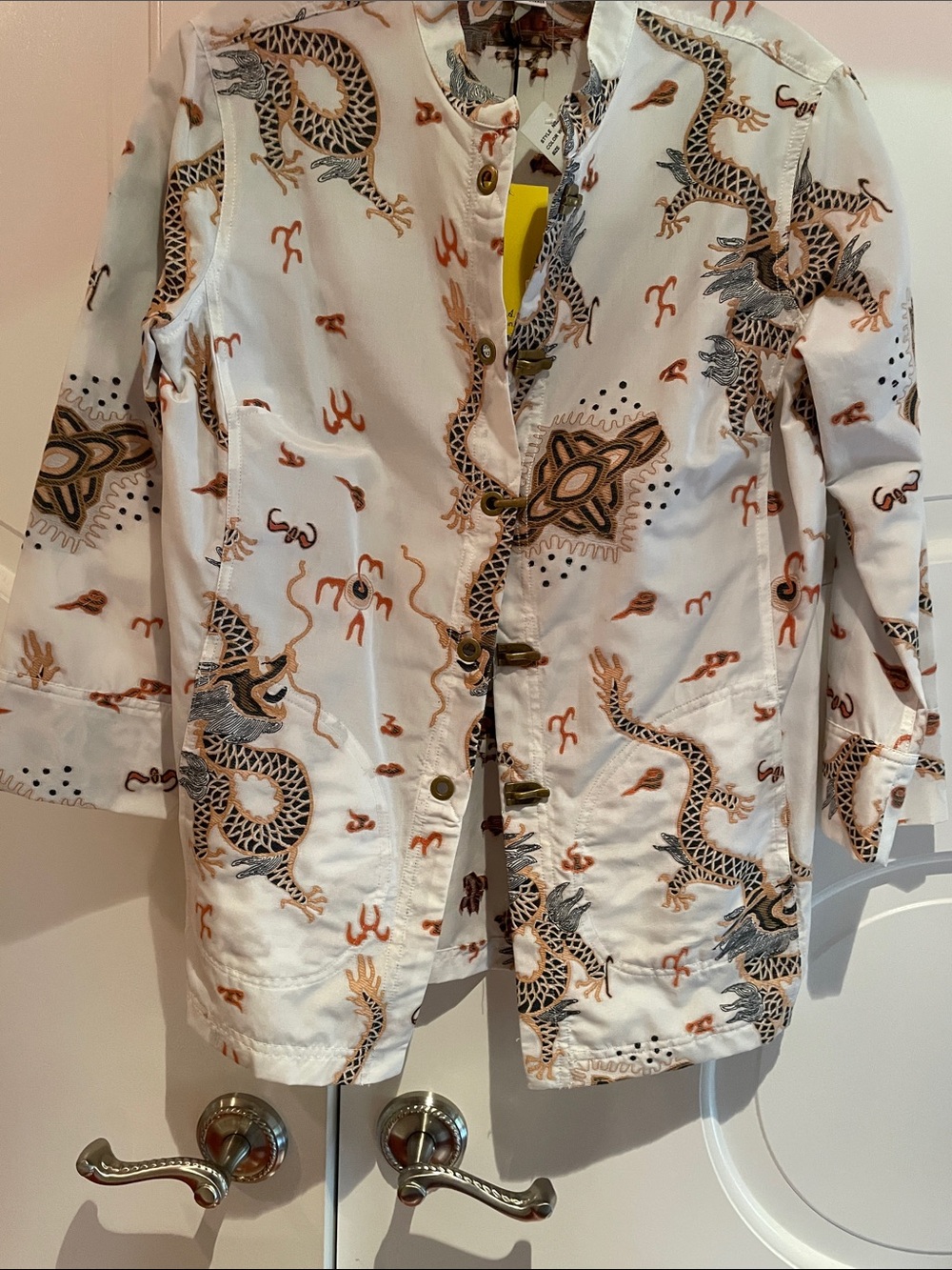 Citron White Dragon Print Shirt Jacket with Rust and Black Accents